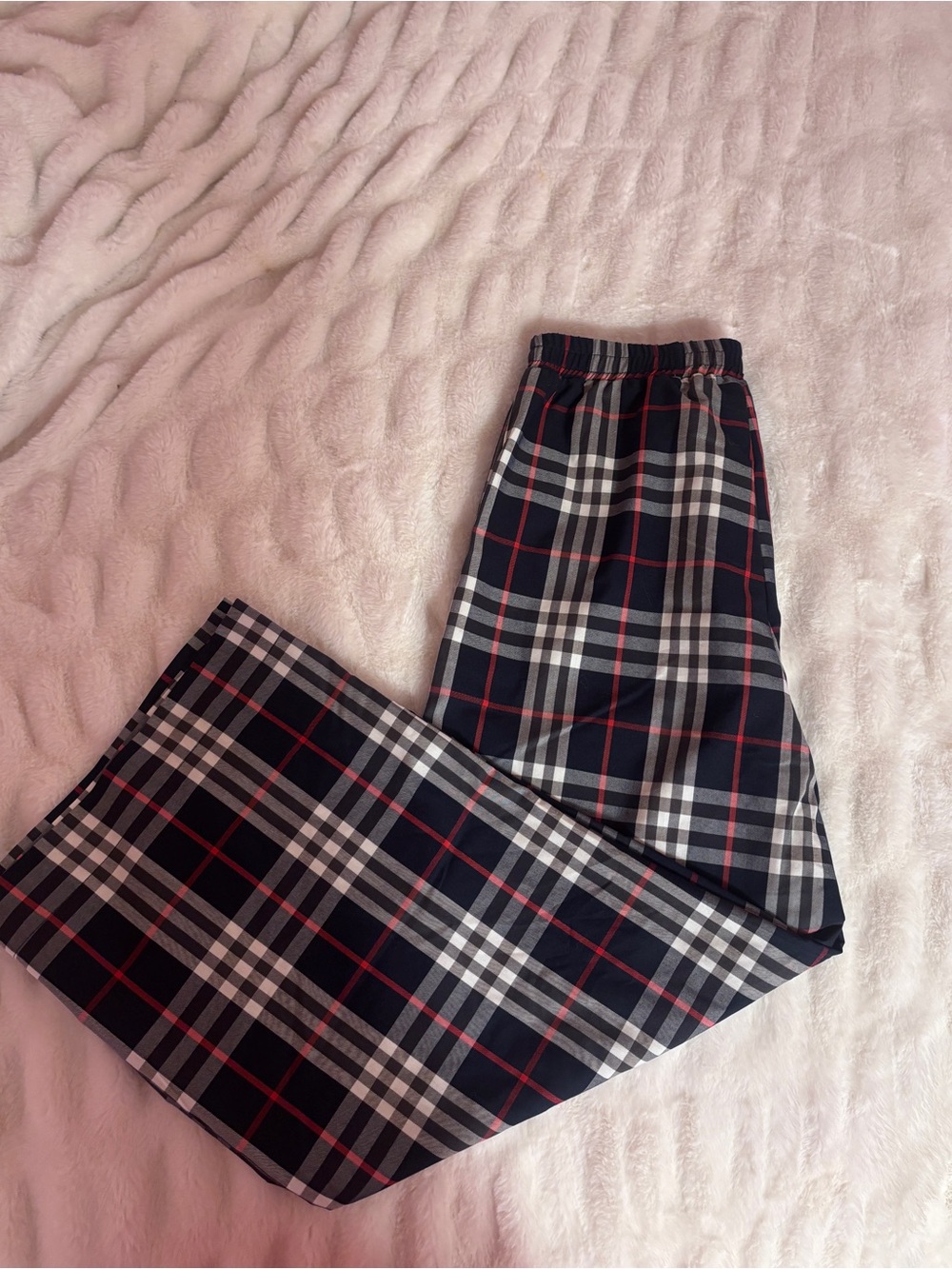Plaid Elastic-Waist Wide Leg Pants - Navy, White & Red